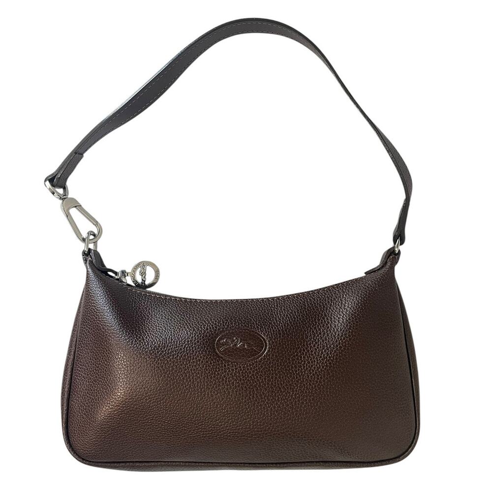 Longchamp Le Foulonné Pebbled Brown Leather Bag Shoulder Bag Silver Vintage Y2K